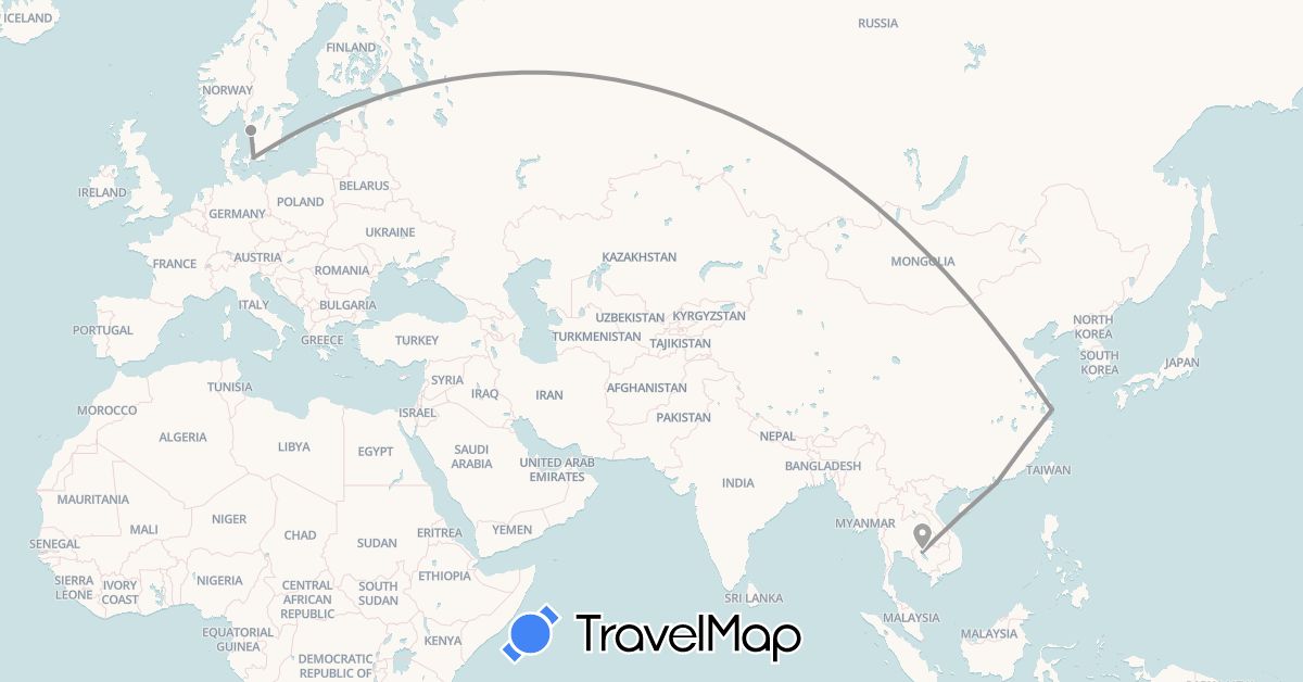 TravelMap itinerary: driving, plane in China, Denmark, Hong Kong, Cambodia, Sweden (Asia, Europe)